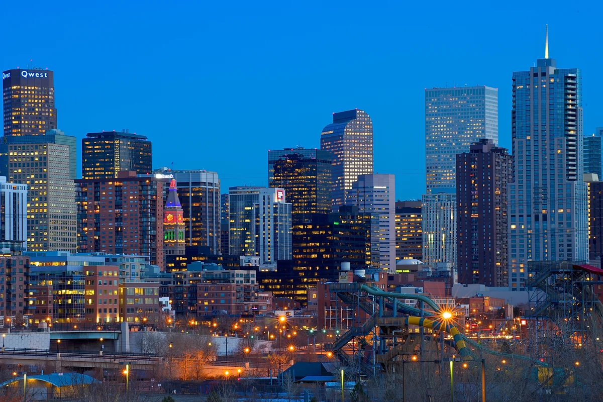 Denver skyline at sunset, a classic Colorado cityscape view.